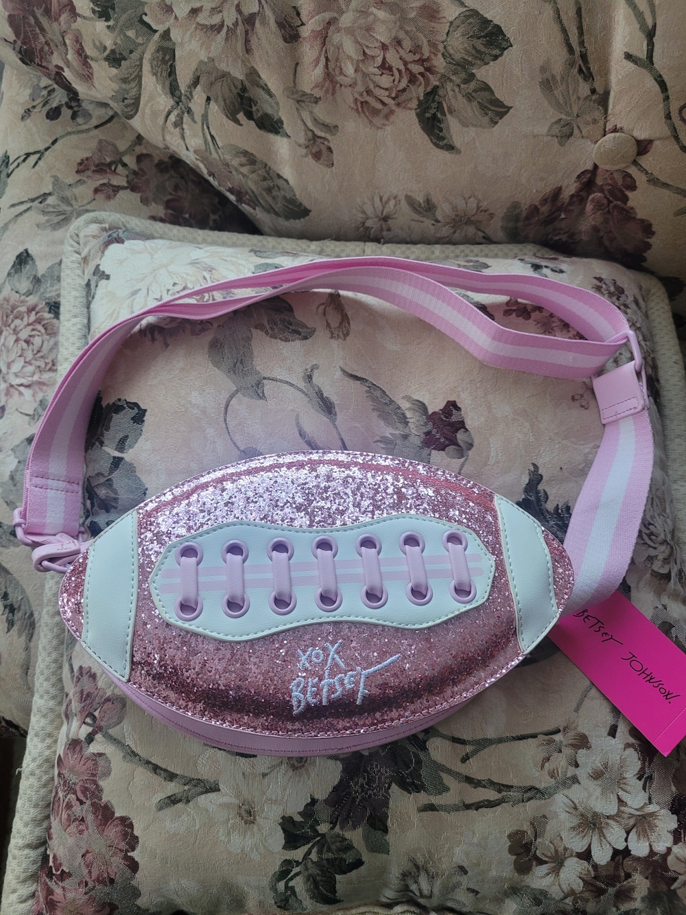 Betsey Johnson Powder Pink Glitter Football Crossbody Bag